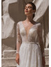 Beaded Long Sleeves Ivory Lace Sheer Wedding Dress